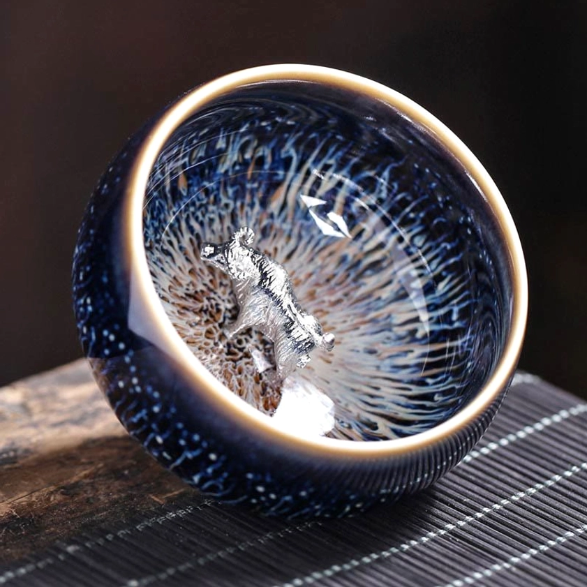 Jian Zhan ceramic tea cup horse zodiac sign design with natural iron-rich glaze and vitality-enhancing properties