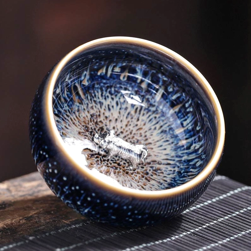 Jian Zhan ceramic tea cup pig zodiac variant with crystalline kiln glaze for authentic kung fu tea experience