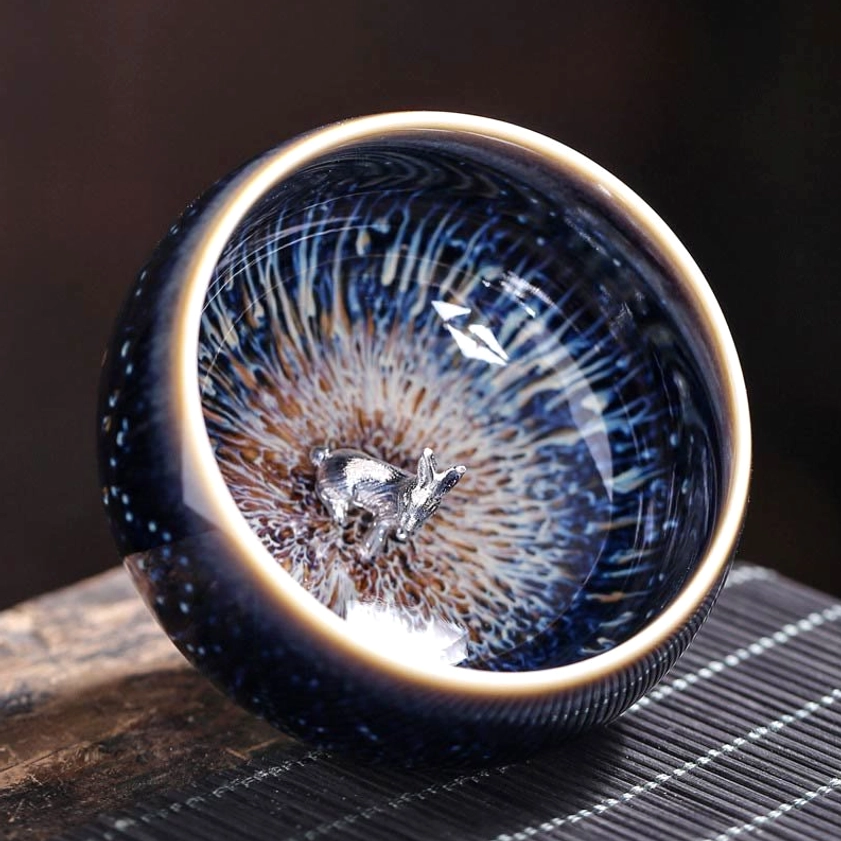 Jian Zhan ceramic tea cup rooster zodiac sign design with bold kiln glaze and confidence-boosting meaning