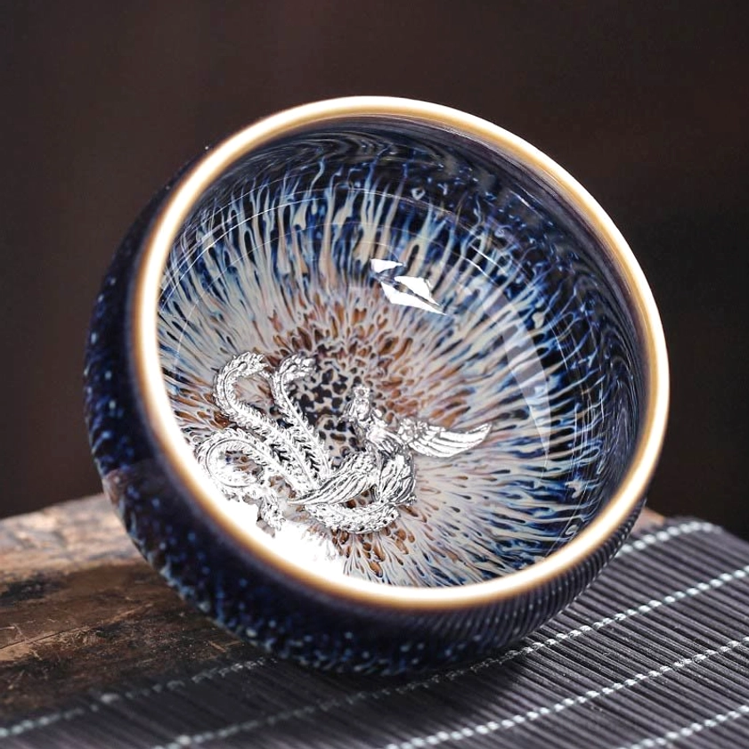 Jian Zhan ceramic tea cup tiger zodiac sign design with natural crystalline glaze and high-temperature kiln finish