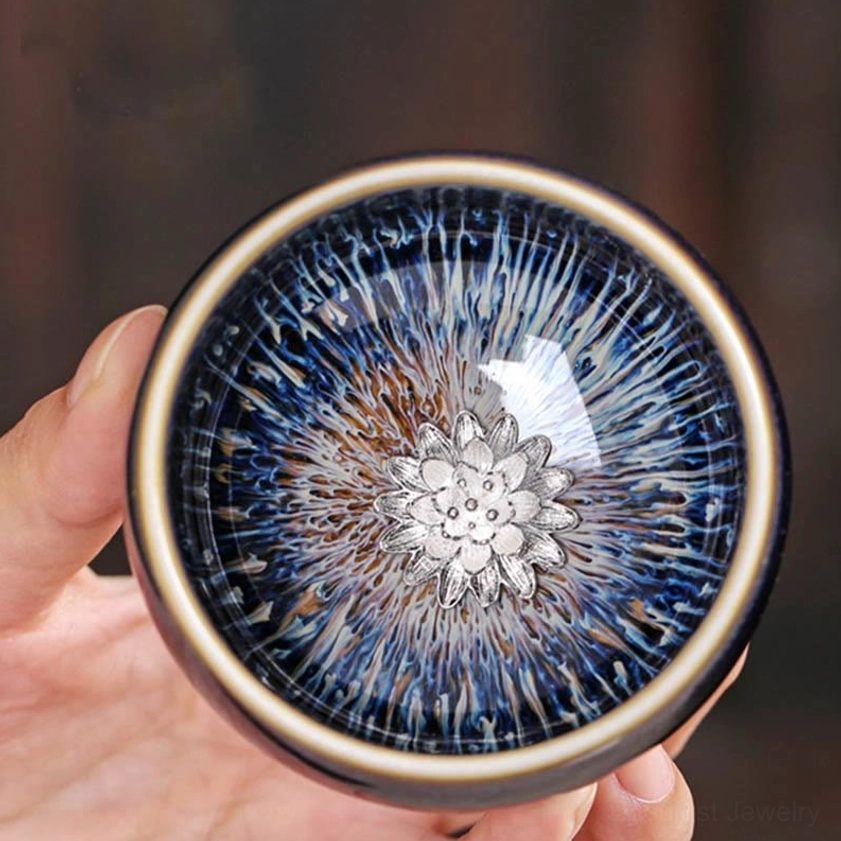 Jian Zhan Chinese zodiac ceramic tea cup detail shot showing handmade craftsmanship and natural glaze crystalline patterns