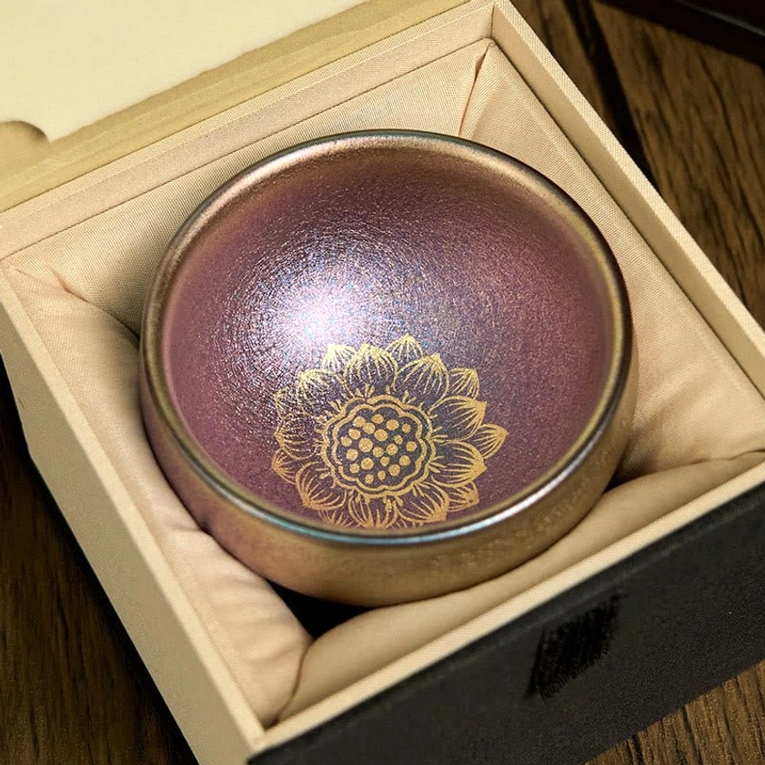 Luxury Jianzhan tea cup with golden lotus motif in fabric-lined wooden gift box - perfectly presented for gifting