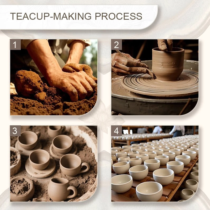 Jianzhan teacup manufacturing process infographic showing four artisan handcrafting steps from clay preparation to finished lotus design