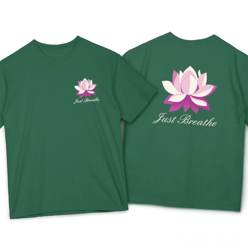 Just Breathe lotus mindfulness tee forest green dual-side print front and back flat lay