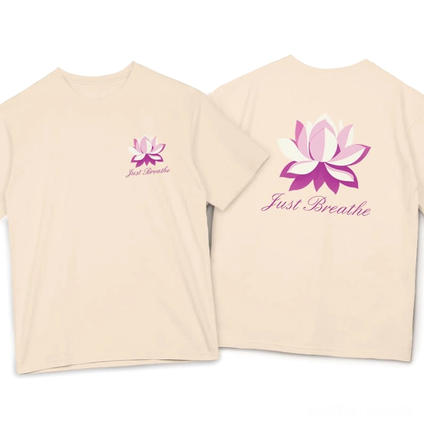 Just Breathe meditation graphic t-shirt bisque color front and back print
