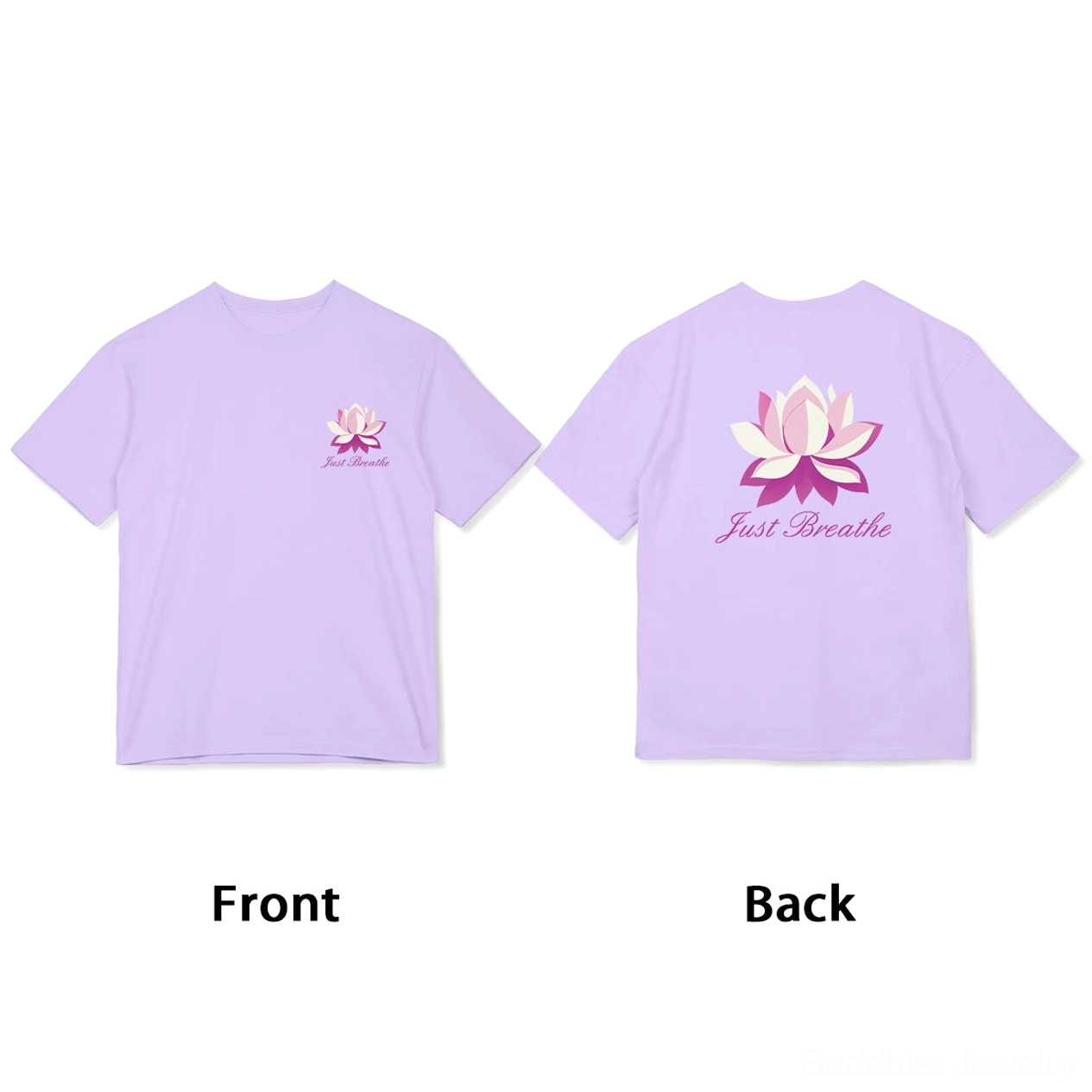 Just Breathe Buddhist mindfulness tee lavender color separate front and back flat lay detail