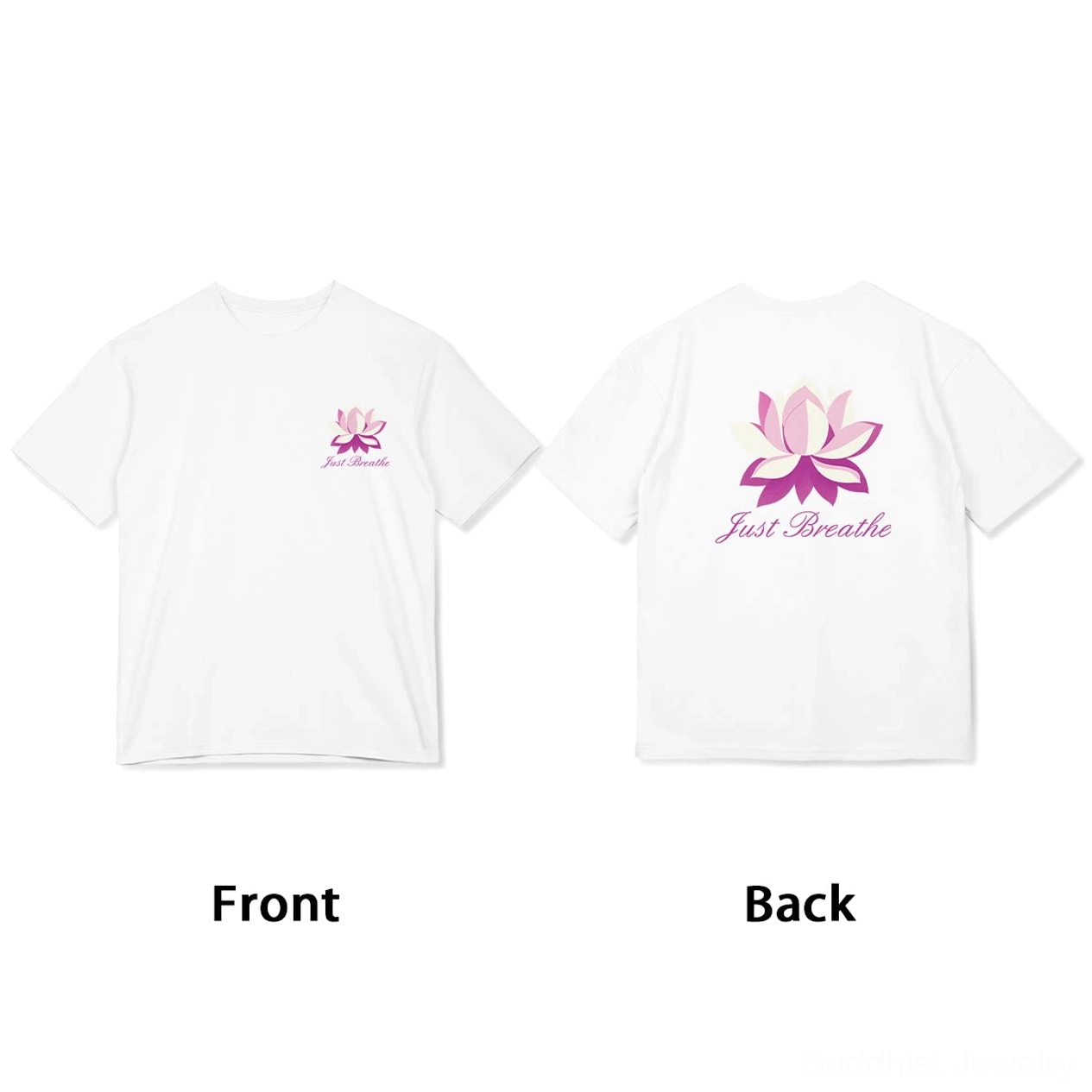 Just Breathe meditation shirt light grey front and back design view