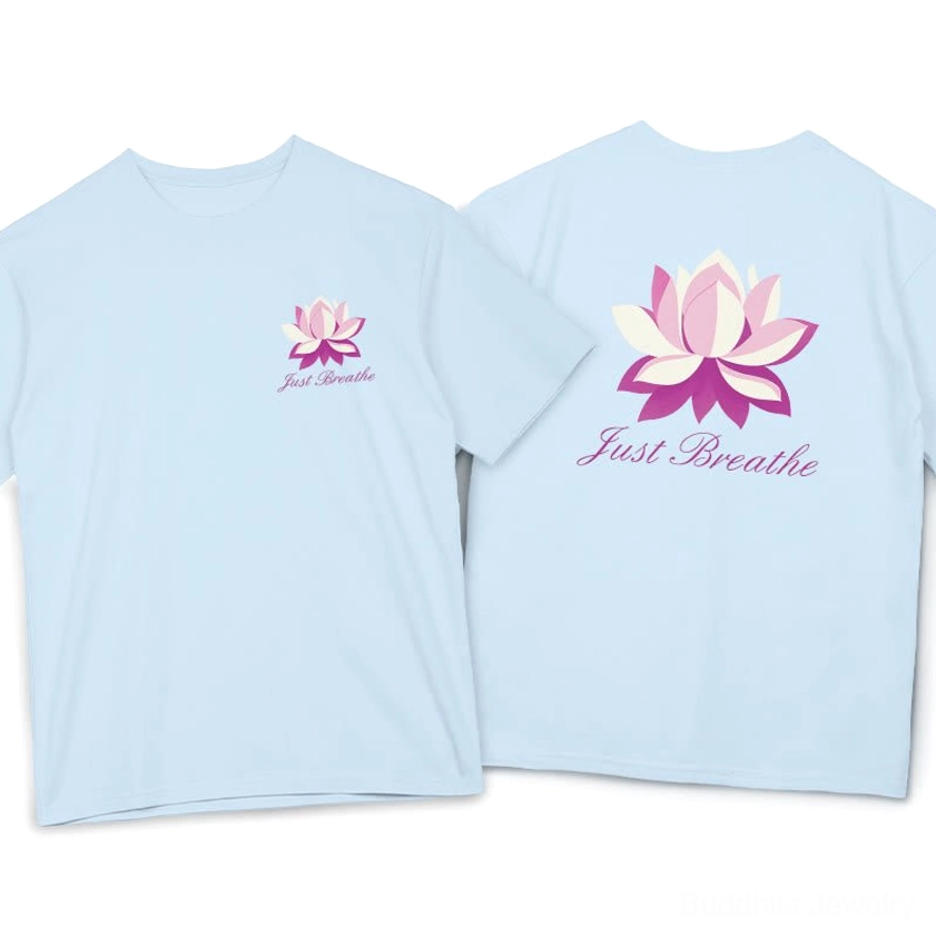 Just Breathe meditation graphic tee sky blue color front and back dual-side print flat lay