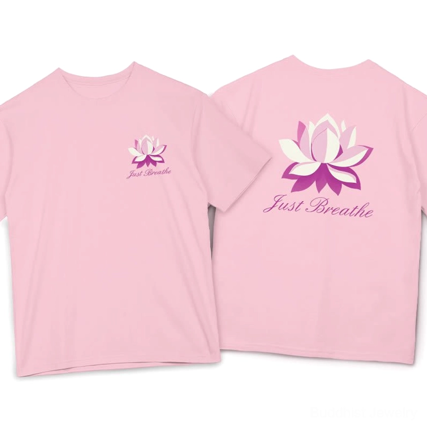 Just Breathe Buddhist tee soft pink color front and back flat lay with lotus print