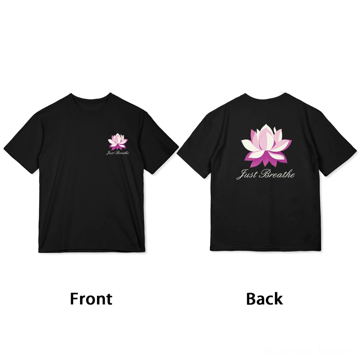 Just Breathe Buddhist mindfulness t-shirt bisque cream color flat lay