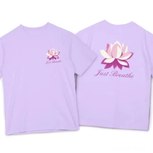 Just Breathe lotus meditation t-shirt front and back flat lay view on white background