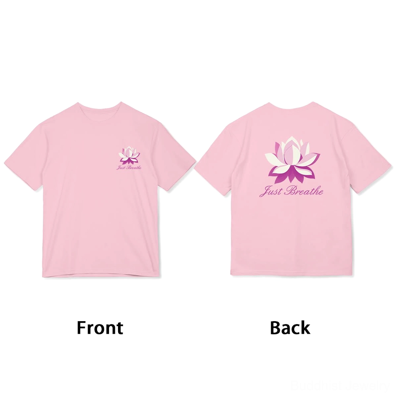 Just Breathe meditation t-shirt soft pink separate front chest and back print views