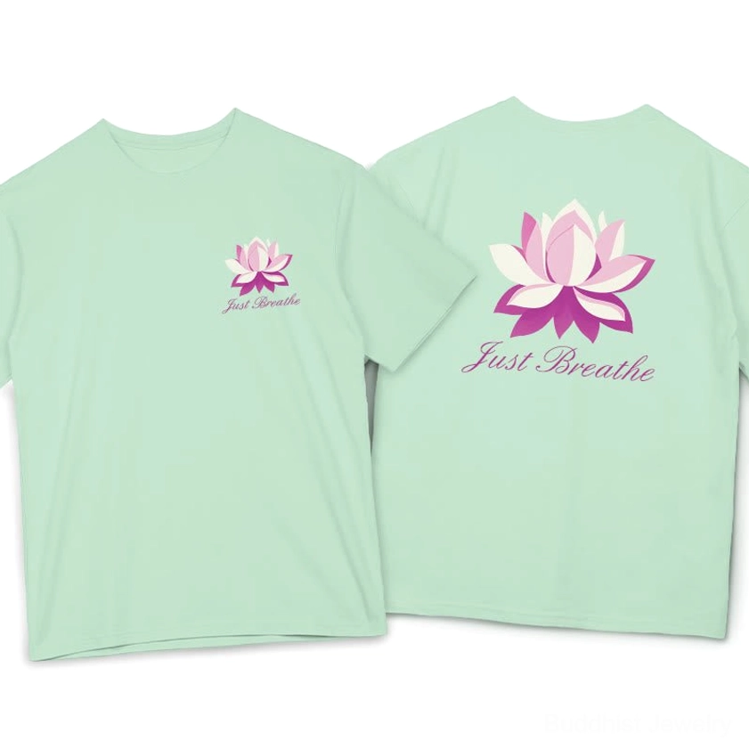 Just Breathe lotus graphic t-shirt mint green front and back dual-side print flat lay