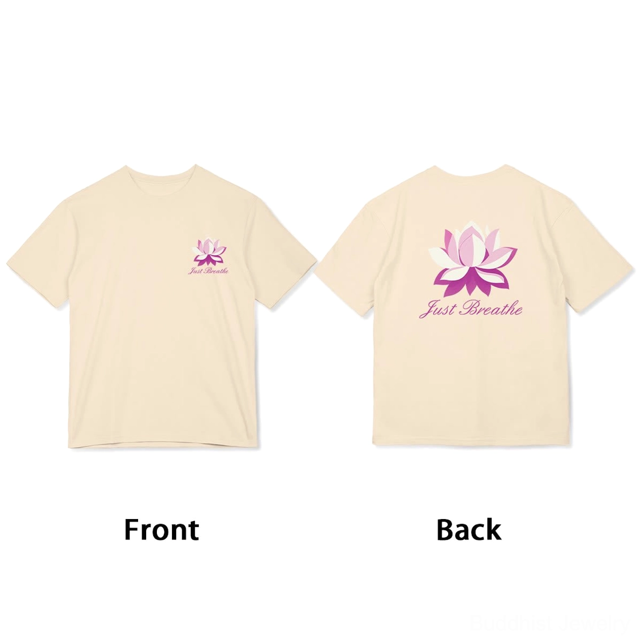 Just Breathe lotus mindfulness tee product care instructions and material details