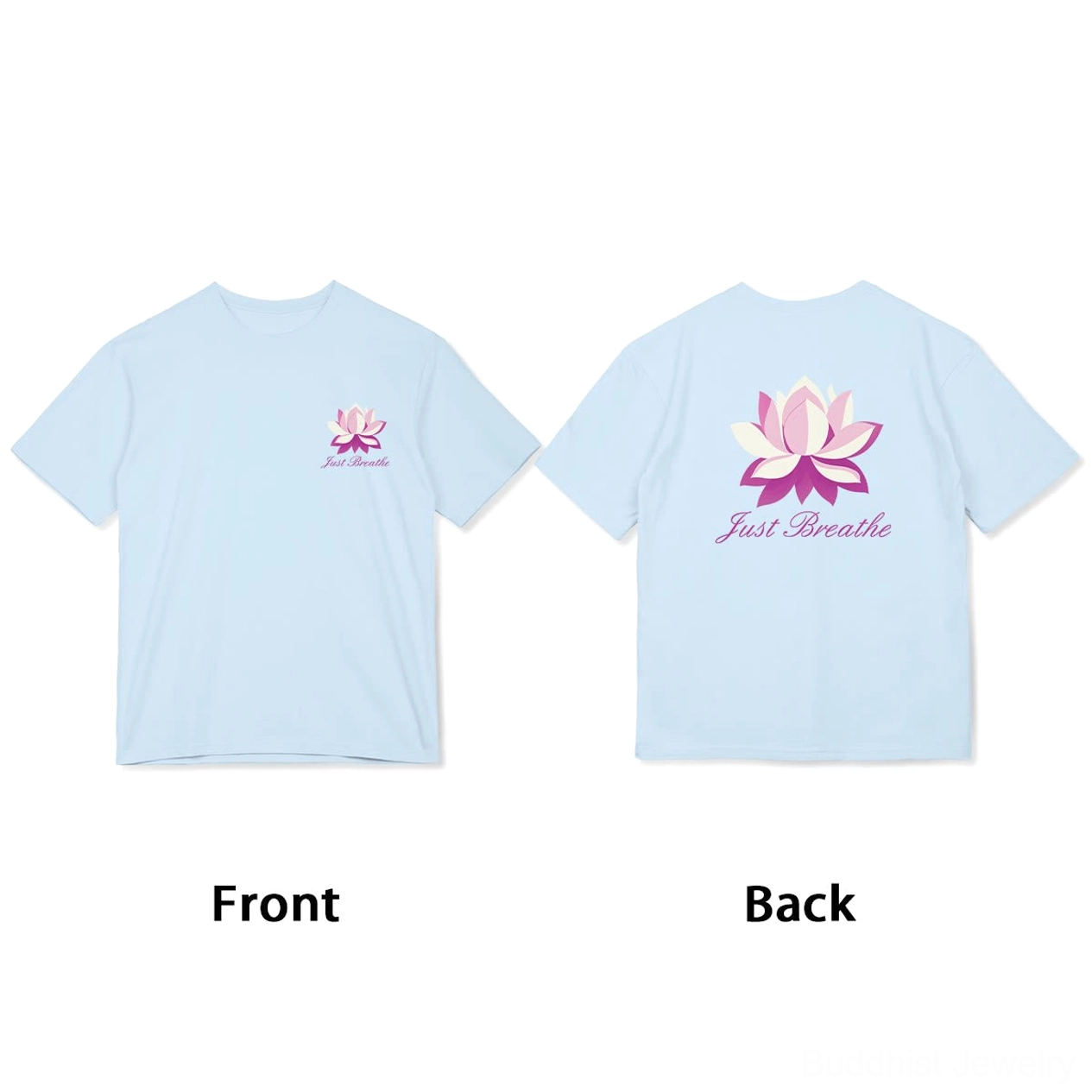 Just Breathe lotus t-shirt light grey color size chart and fit guide