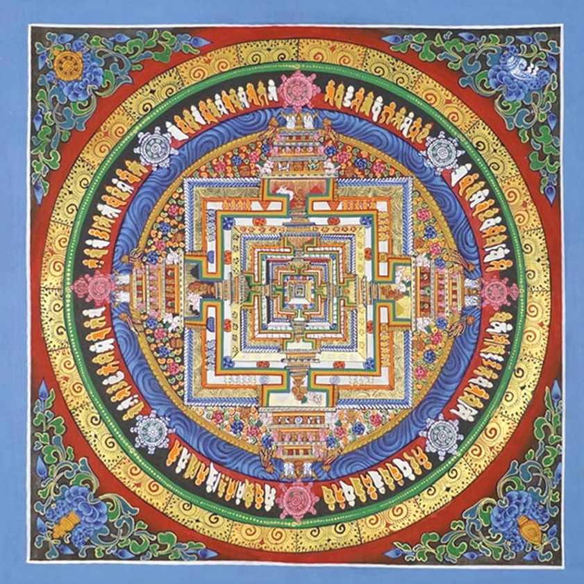 Kalachakra Mandala Thangka handmade Buddhist spiritual artwork showing complete mandala design with intricate details and gold accents