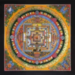 Kalachakra Mandala Thangka painting top view with vibrant multicolor designs and gold foil borders, handmade Buddhist spiritual art