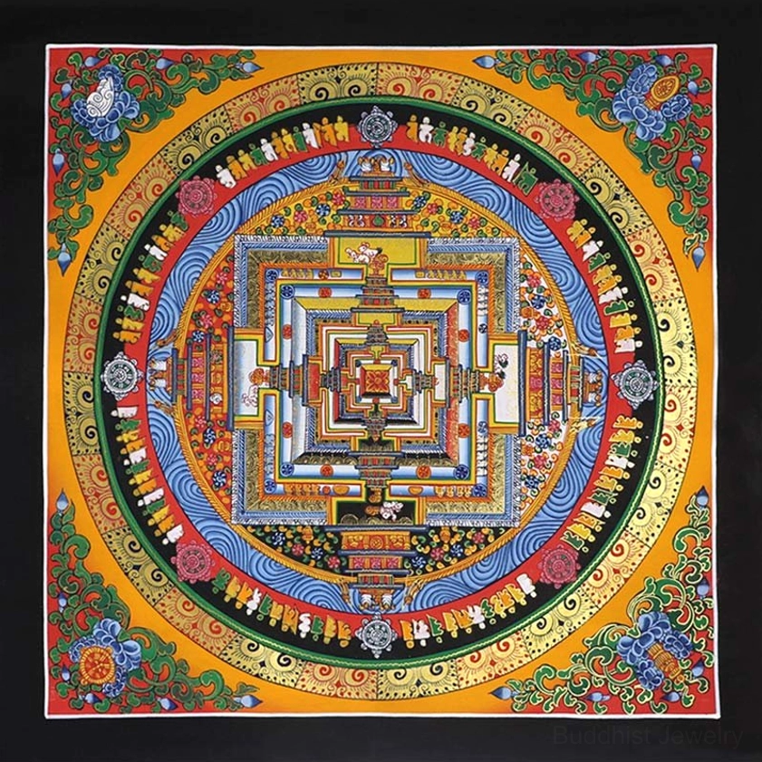 Kalachakra Mandala Thangka painting top view with vibrant multicolor designs and gold foil borders, handmade Buddhist spiritual art