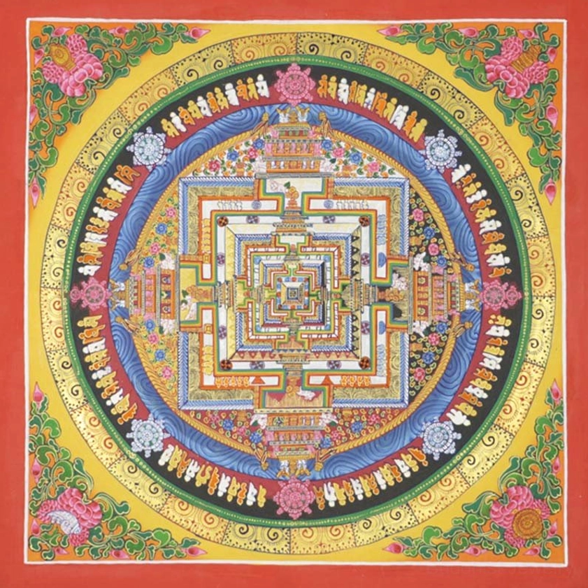 Kalachakra Mandala Thangka top-down flat lay with red fabric border and yellow background showing intricate geometric patterns