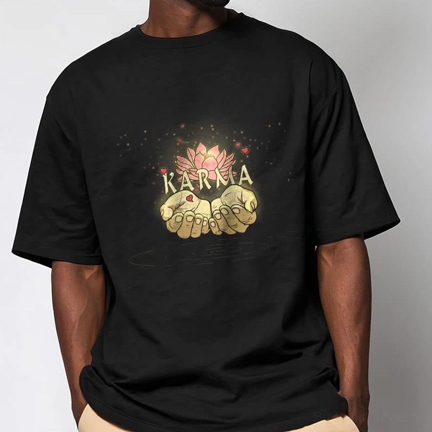 Pure black karma cotton t-shirt, flat lay front view with white ink print clearly visible