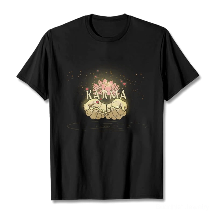 Black karma graphic t-shirt, flat lay front display showing white ink design on pure black cotton