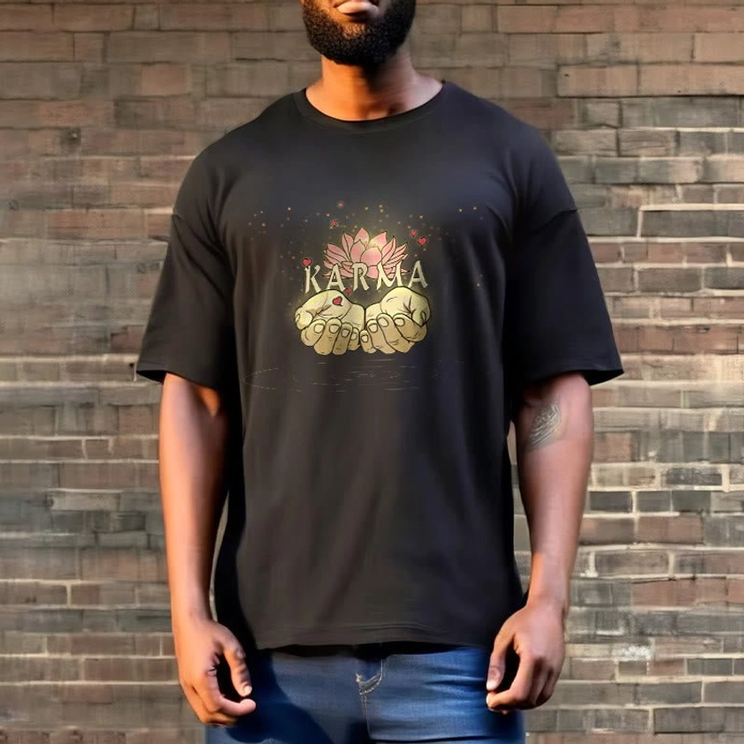 Black karma t-shirt worn by male model, front upper-body shot against brick wall background