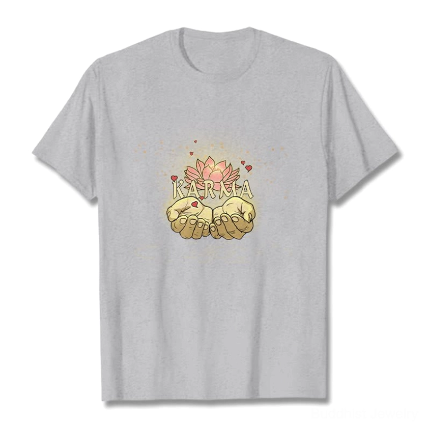 Karma graphic t-shirt care instructions, showing proper washing and drying methods for cotton tee
