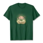 Dark green karma graphic cotton t-shirt, flat lay front view showing detailed white ink print design