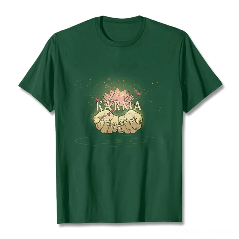 Dark green karma graphic cotton t-shirt, flat lay front view showing detailed white ink print design