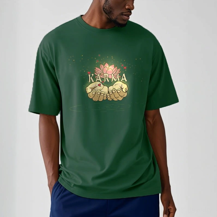 Dark green karma t-shirt worn by male model, side view against minimalist indoor background