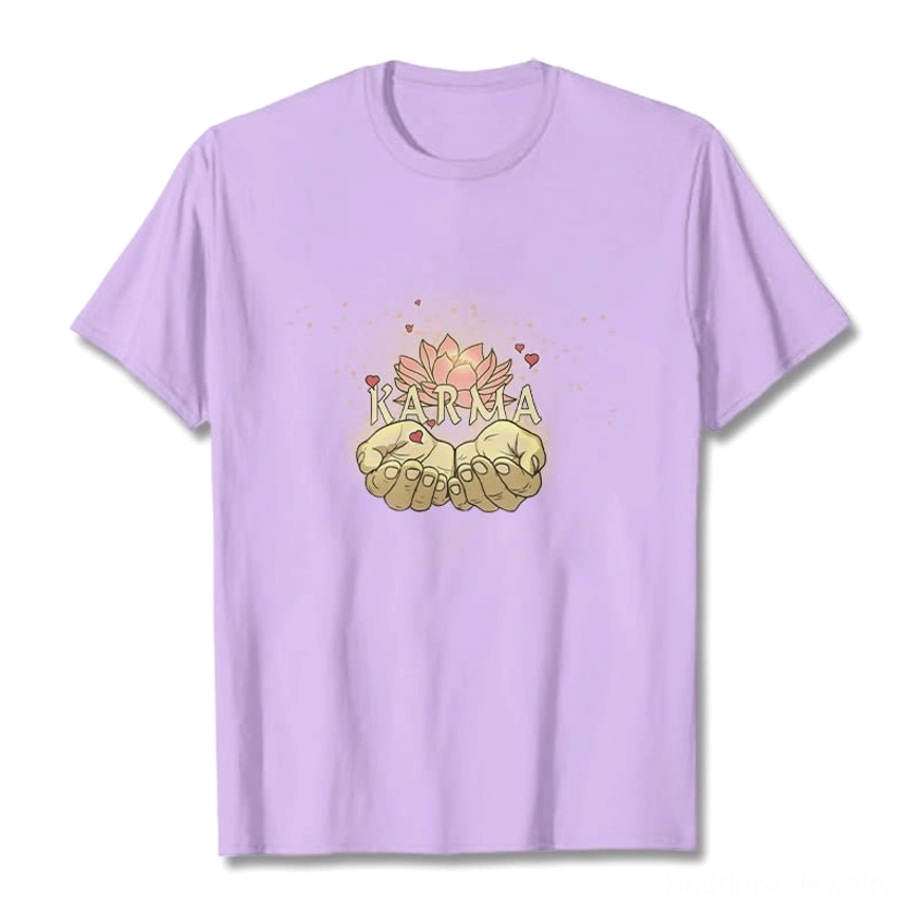 Light cyan karma cotton tee, detailed flat lay showing print clarity on soft blue-toned fabric