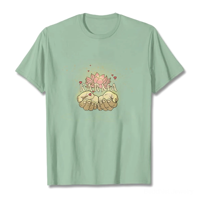 Light cyan karma graphic t-shirt, flat lay front display showing calm blue tone with white ink print
