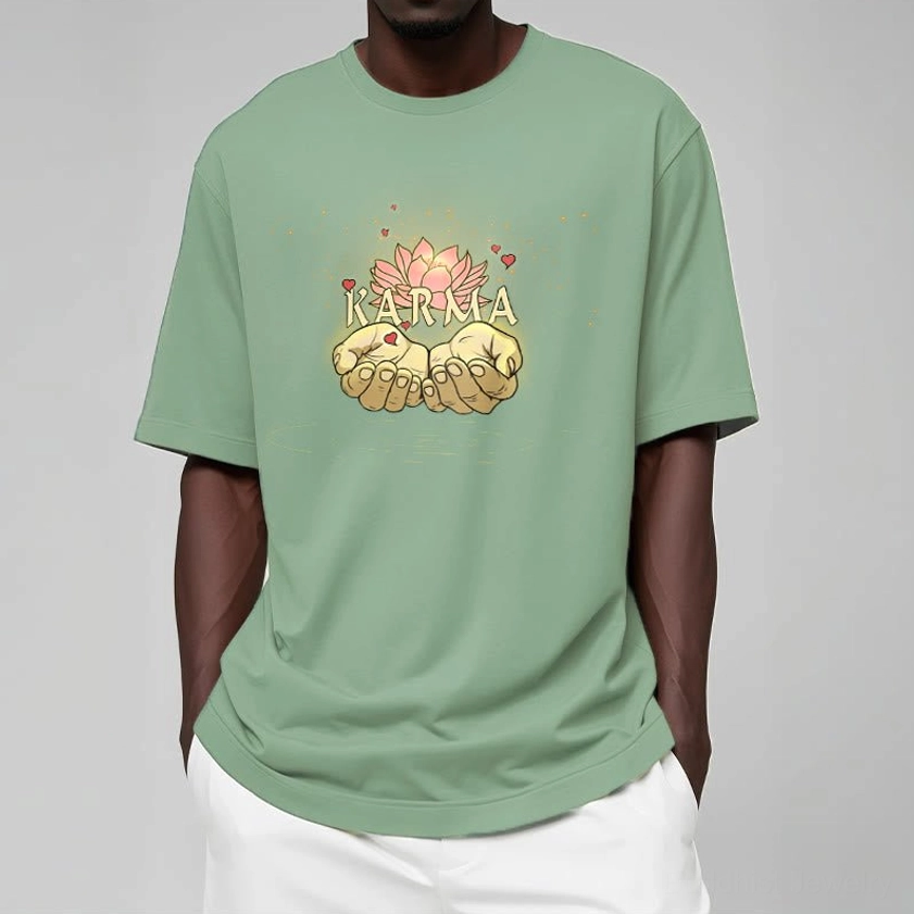 Light cyan karma t-shirt worn by model, front view against neutral background