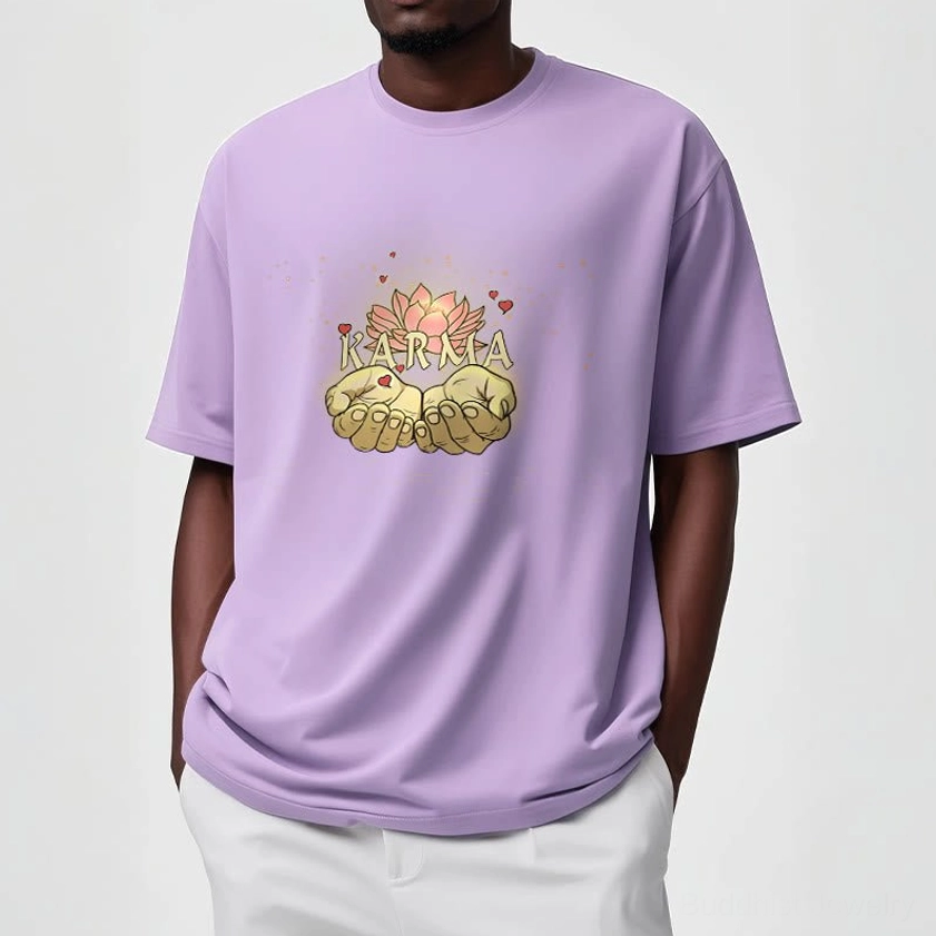 Light cyan karma graphic tee worn by male model, front upper-body view showing unisex regular fit