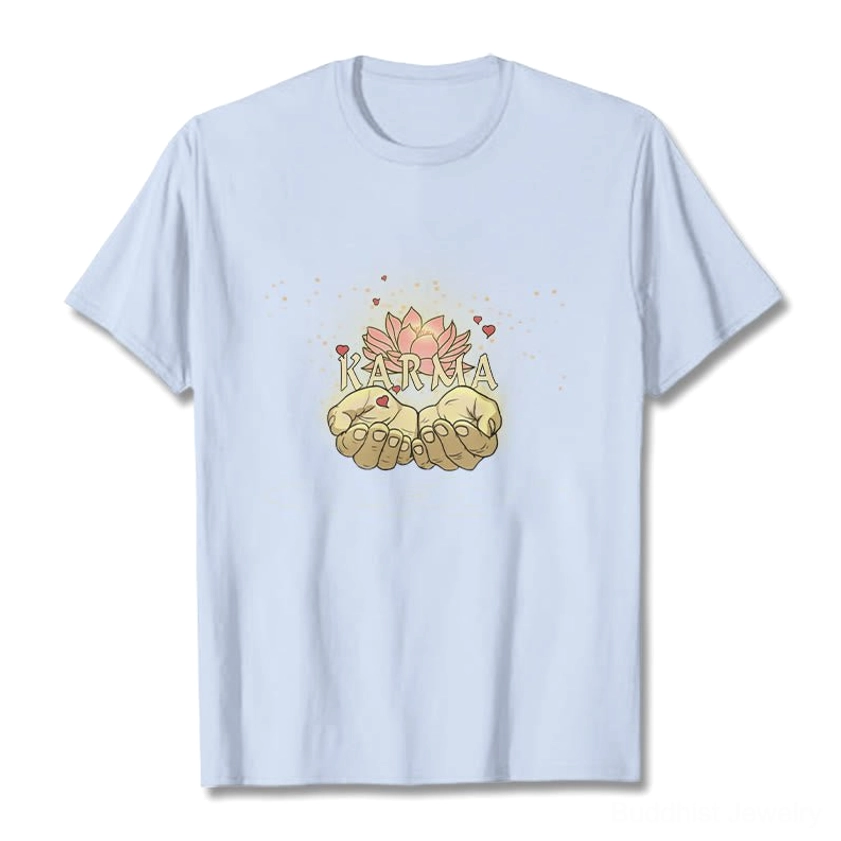 Light cyan karma t-shirt size chart comparison, showing all available sizes from S to 2XL