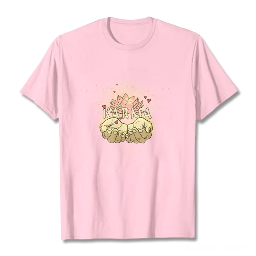 Light grey karma cotton tee, detailed flat lay showing print quality and fabric texture
