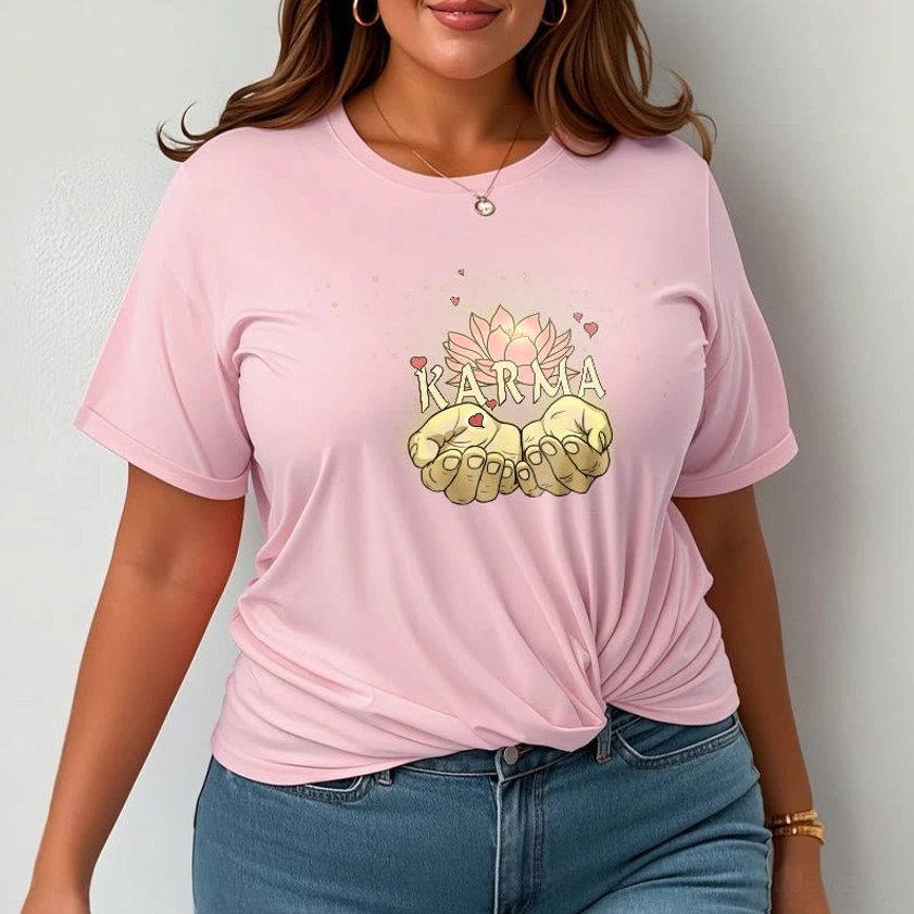 Light grey karma t-shirt worn by female model, front view demonstrating comfortable unisex fit