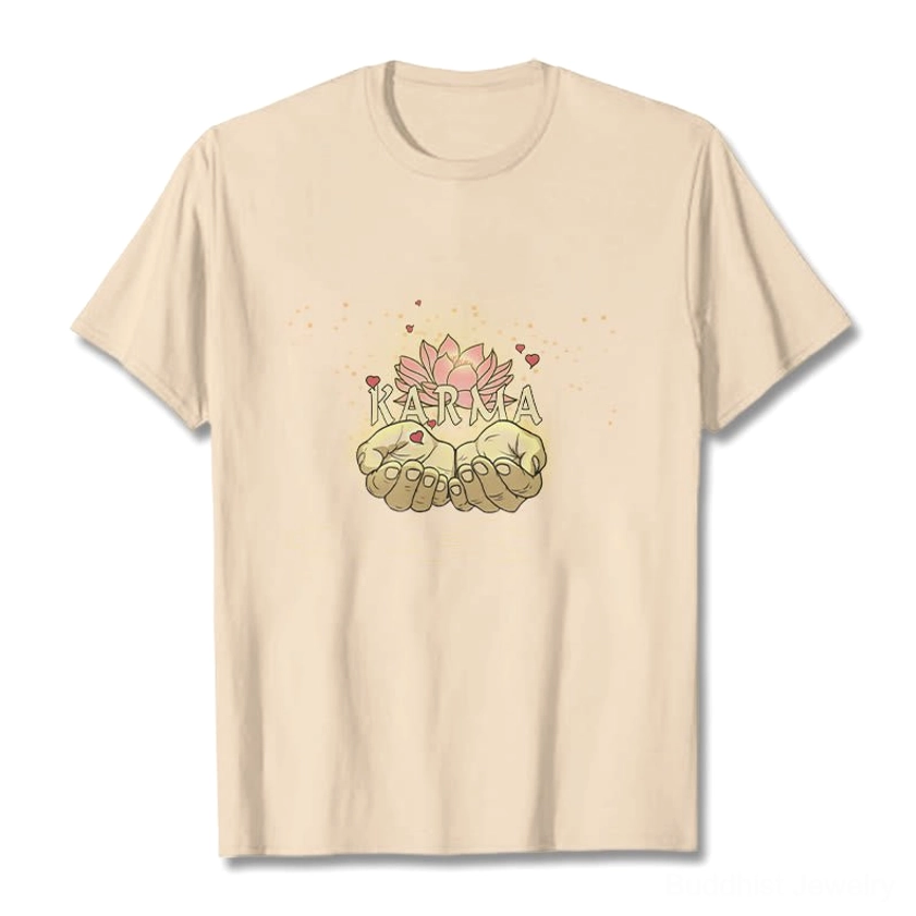 Light grey karma t-shirt, flat lay front display showing white ink print on soft grey cotton fabric