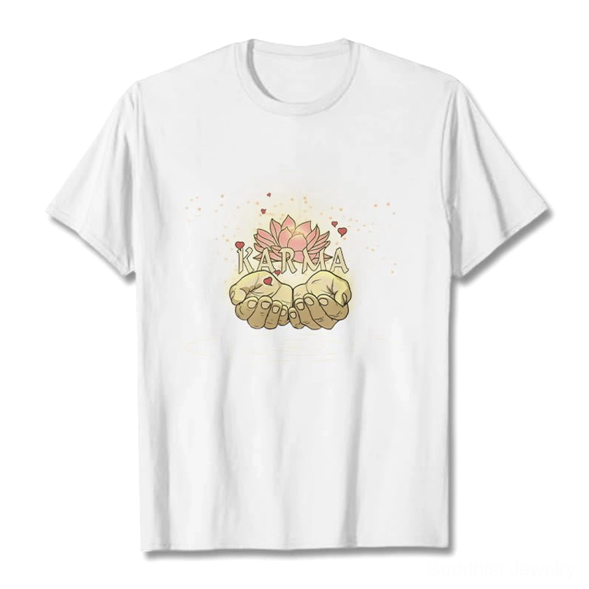 White karma graphic cotton t-shirt, flat lay front display showing crisp white ink print on pure white fabric