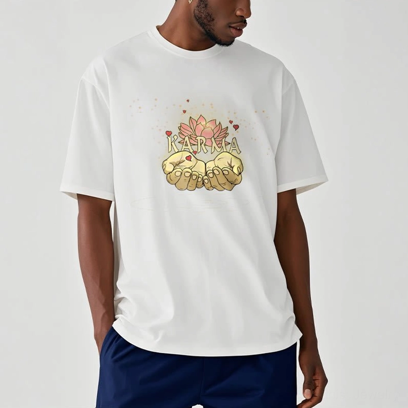 White karma t-shirt worn by male model, side upper-body view against minimalist background