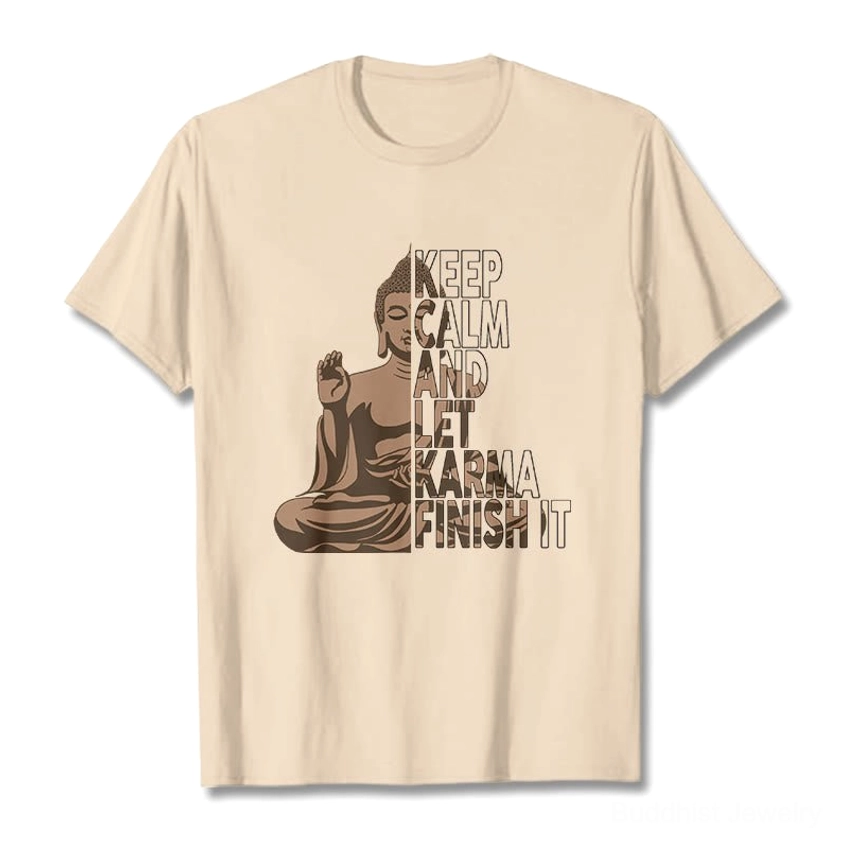 Khaki tan Buddhist karma graphic tee front flat lay natural cotton spiritual print