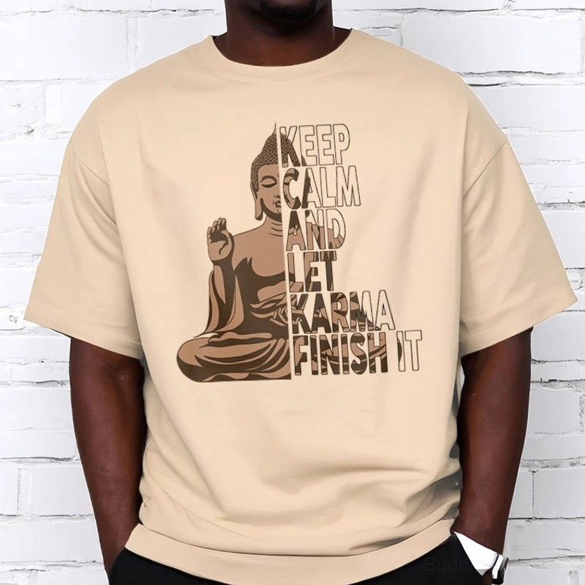 Side profile khaki Buddhist graphic t-shirt relaxed fit spiritual design brick background