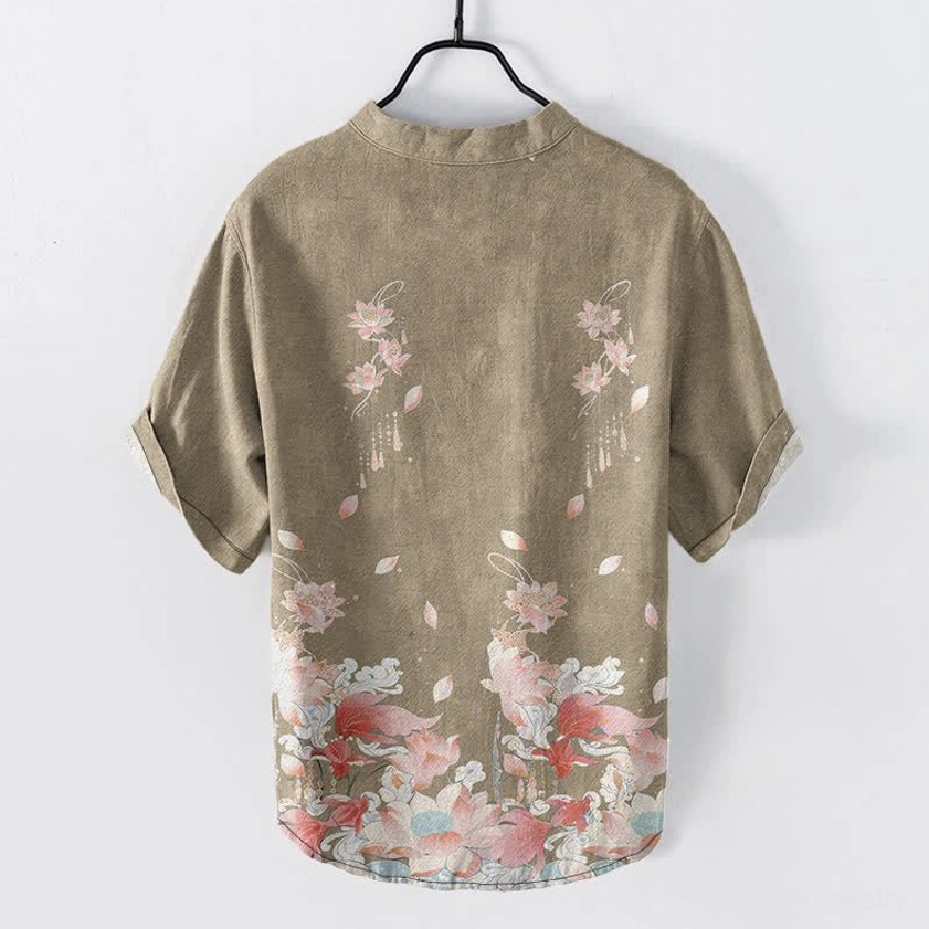 Khaki tan lotus print cotton men's short sleeve shirt back view with full watercolor floral print and curved hemline
