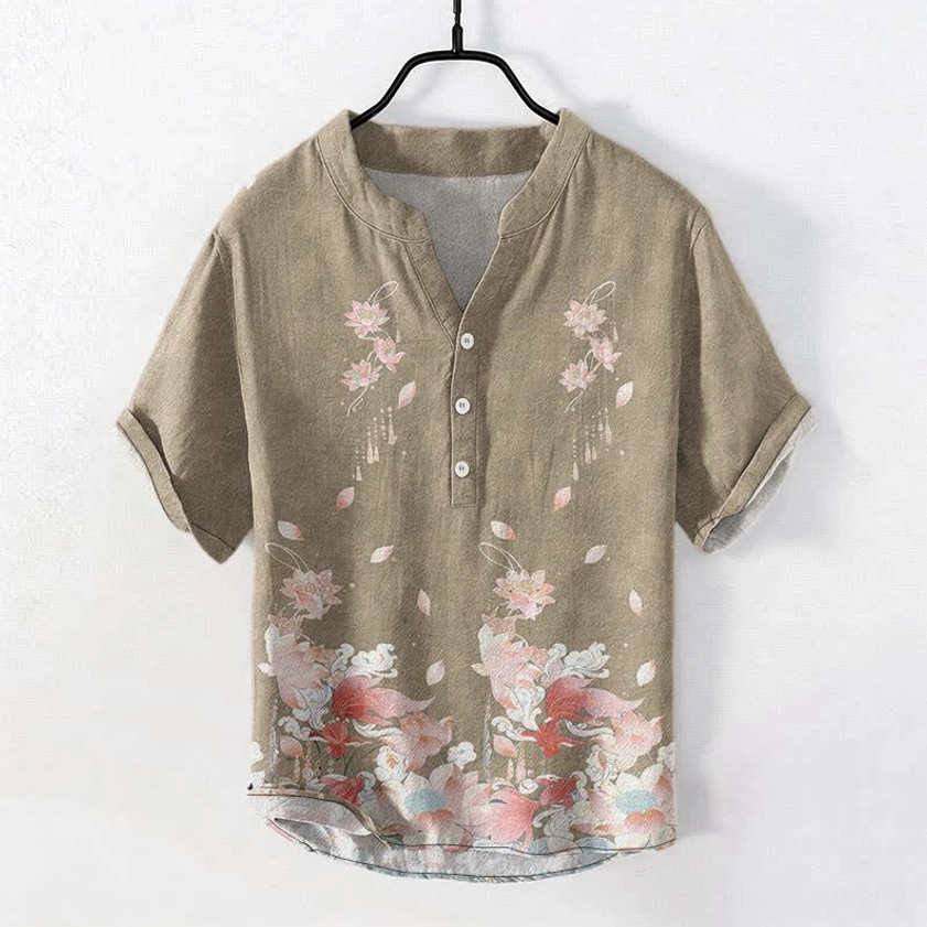 Khaki tan lotus print cotton men's short sleeve shirt front flat view with stand collar and half button design