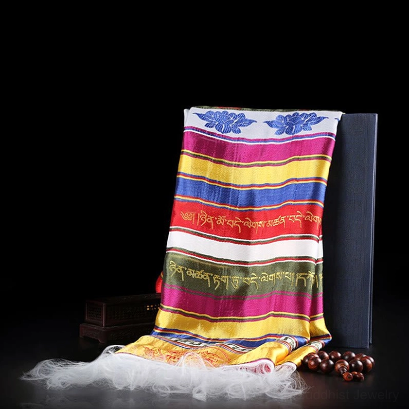 Handcrafted Buddhist Khata ceremonial scarf with traditional Tibetan patterns and compassion symbolism
