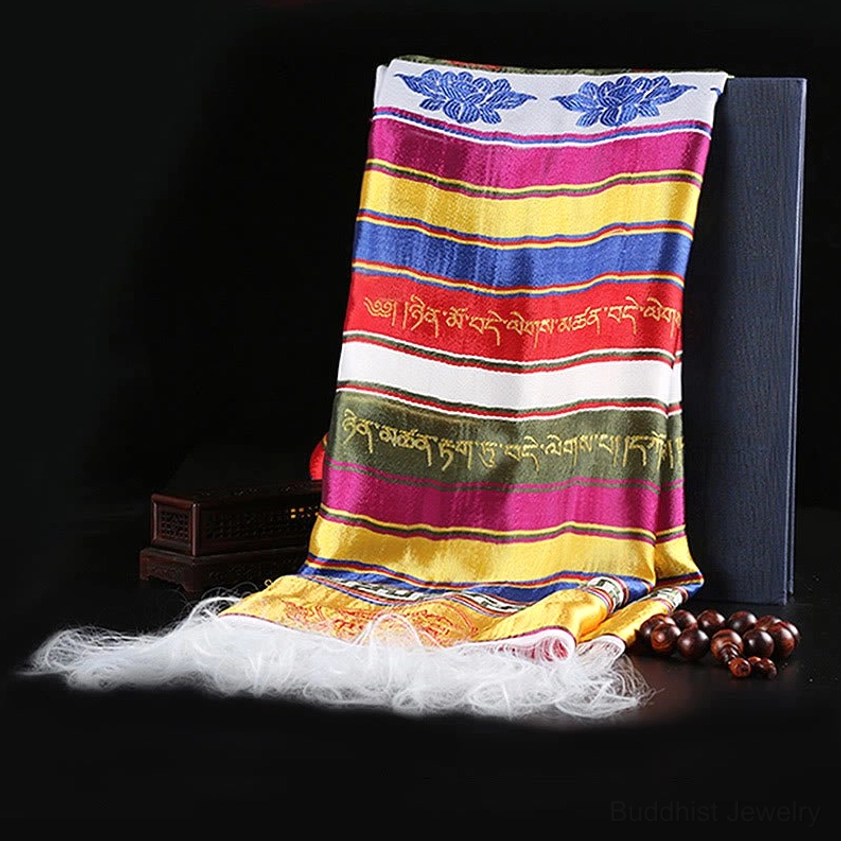 Tibetan Buddhist Khata scarf with white tassel ends and mixed colorful embroidered sacred patterns