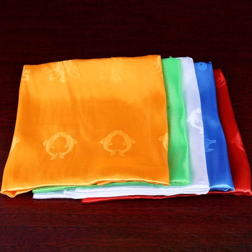 Khata ceremonial scarf set showing fold and drape characteristics with embossed blessing patterns and high-quality satin finish