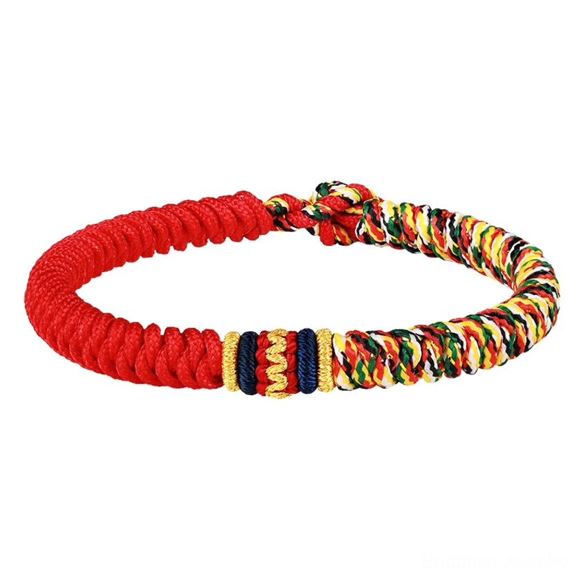 Buddhist King Kong Knot bracelet with red base and multicolored decorative knots on white background, showing full design clarity