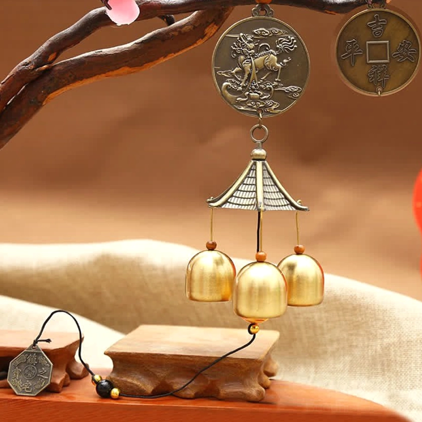 Kirin celestial protector wind chime with bronze kirin coin, Ji Ping lucky coin, 3 brass bells, and pavilion hanger for prosperity