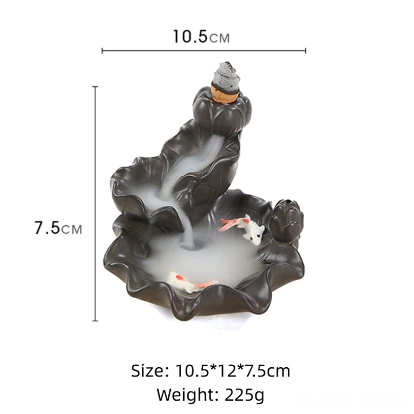 Product specifications ceramic koi fish incense burner 10.5cm x 12cm x 7.5cm 225g on white background